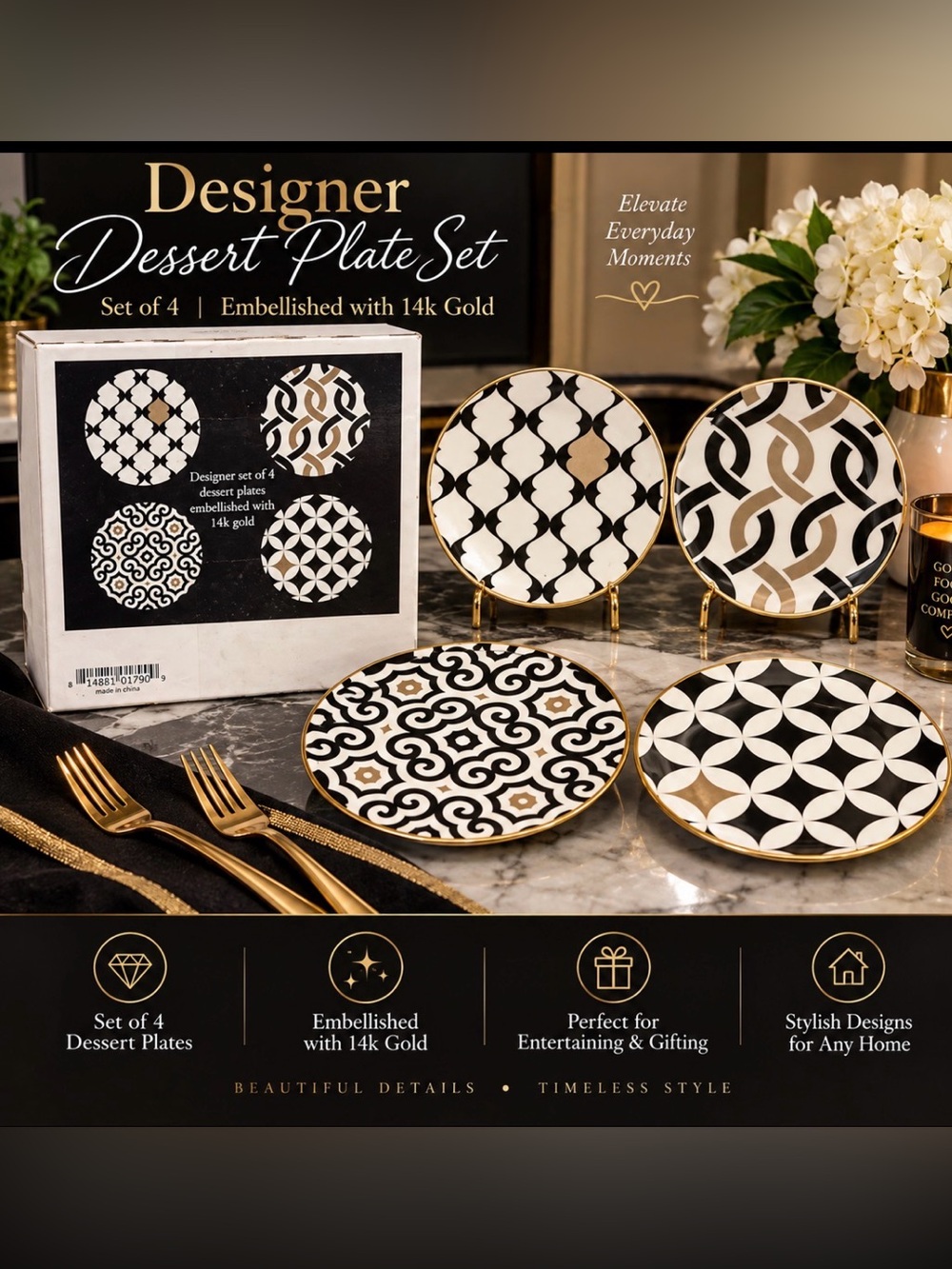 Neiman Marcus Black Gold Dessert Plates Set 4